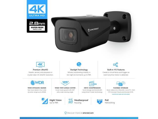 Amcrest UltraHD 4K (8MP) Outdoor Bullet Security IP POE Camera, 98ft NightVision, 2.8mm Lens, IP67 Weatherproof, 256GB MicroSD Recording, Black...