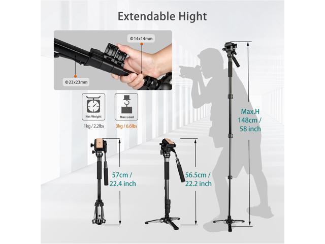 Koolehaoda Camera Aluminum Monopod with Fluid Head and Foldable Tripod Base for DSLR Camera. Max Height 148cm / 58 inch. Payload up to...