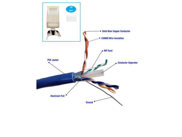 Micro Connectors 250 FT CAT6 Shielded (F/UTP) 23 AWG Solid Copper Bulk Ethernet Cable with 10-Pack Universal Shielded RJ45 Connectors - Blue...