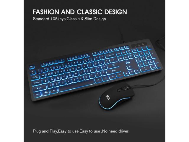 Rii Three Colors Backlit Keyboard and Mouse, Wired Keyboard and Mouse Combo, USB Keyboard and Mouse Set,Quiet Input Gaming Keyboard,Optical RGB...