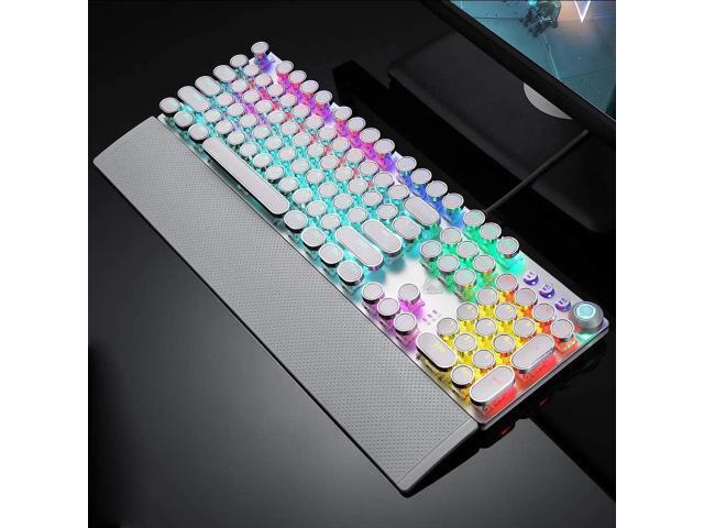Retro Steampunk Mechanical Gaming Keyboard, Metal Panel, Black Switches, LED Backlit,USB Wired,Hand Rest,Typewriter-Style Round Keycaps,for Game...