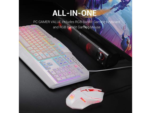 S101 Wired RGB Backlit Gaming Keyboard with Multimedia Keys Wrist Rest and Red Backlit Mouse Combo 3200 DPI for Windows PC Gamers (White)