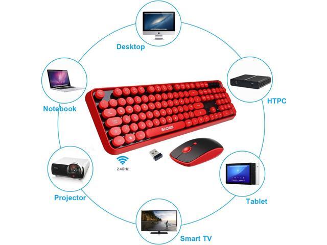 Wireless Keyboard and Mouse Combo, Retro Typewriter Style Red Keyboard with 104 Round Keys, Cute Bubble Round Keycaps, 2.4GHz Clicky Creamy...