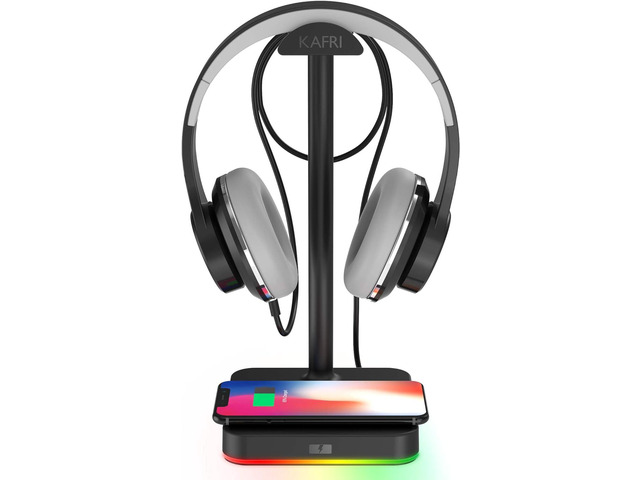 KAFRI RGB Headphone Stand with Wireless Charger Desk Gaming Headset Holder Hanger Rack with 10W/7.5W Fast Charge QI Wireless Charging Pad -...