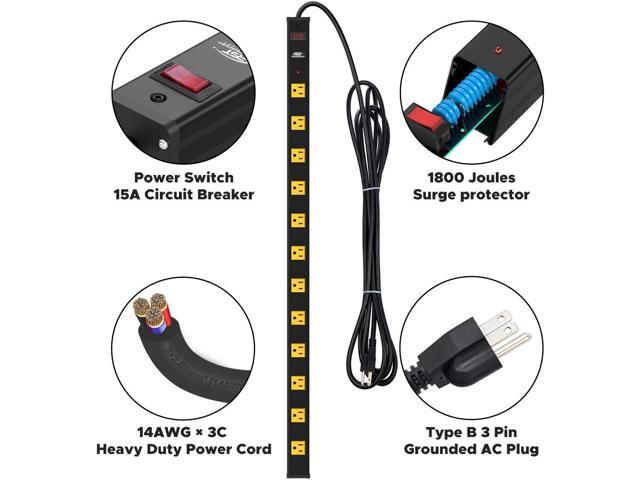 CRST Heavy Duty Surge Protector Power Strip Wide Spaced 12-Outlet 15 Feet Long Extension Cord with Mounting Brackets 15A Circuit Breaker 1800 Joules