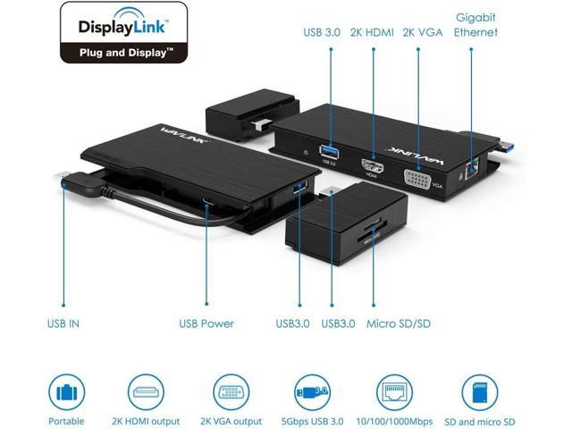 Wavlink Universial USB 3.0 Dual-Head Mini Docking Multi-Display HDMI/VGA with Gigabit Ethernet, USB 3.0 Port, Removable Card Reader, HDMI up to...