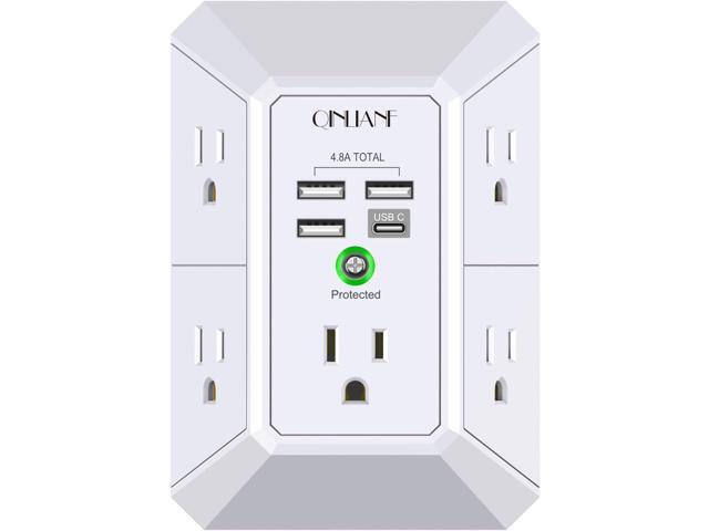 Wall Charger, Surge Protector, QINLIANF 5 Outlet Extender with 4 USB Charging Ports (4.8A Total) 3-Sided 1680J Power Strip Multi Plug Adapter...
