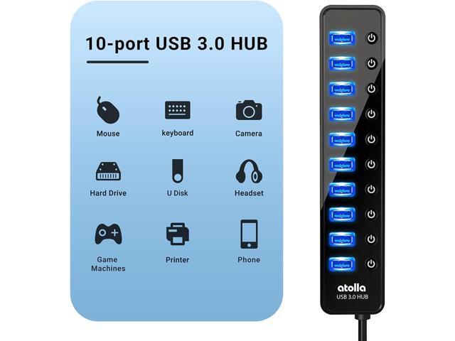 Powered USB 3.0 Hub, 10 Ports USB Data Hub Splitter with Individual ON/Off Switches and 12V/2.5A Power Adapter USB Extension for Mouse, Keyboard,...