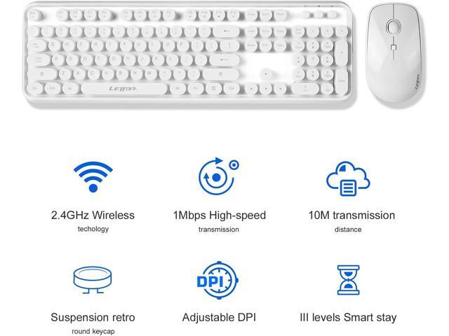 White Retro Typewriter Keyboard and Mouse Wireless Combo, Cute Wireless Keyboard with Retro Round Keycaps,2.4Ghz Full Szie Creamy Clicky &...