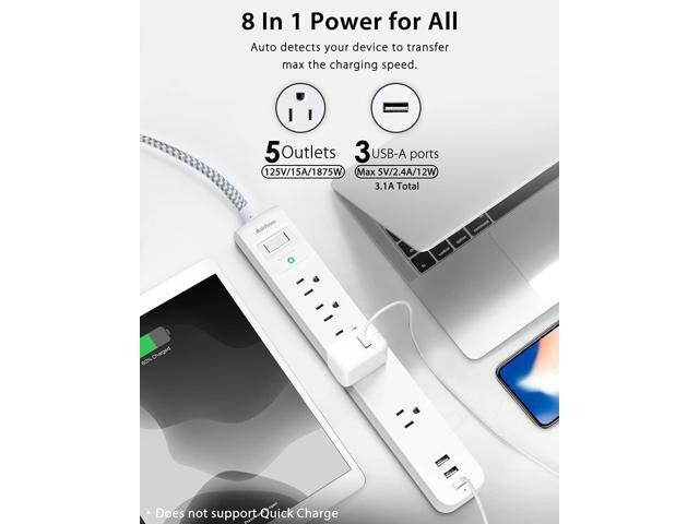 2 Pack Power Strip Surge Protector - 5 Widely Spaced Outlets 3 USB Charging Ports, 1875W/15A with 5Ft Braided Extension Cord, Flat Plug, Overload...