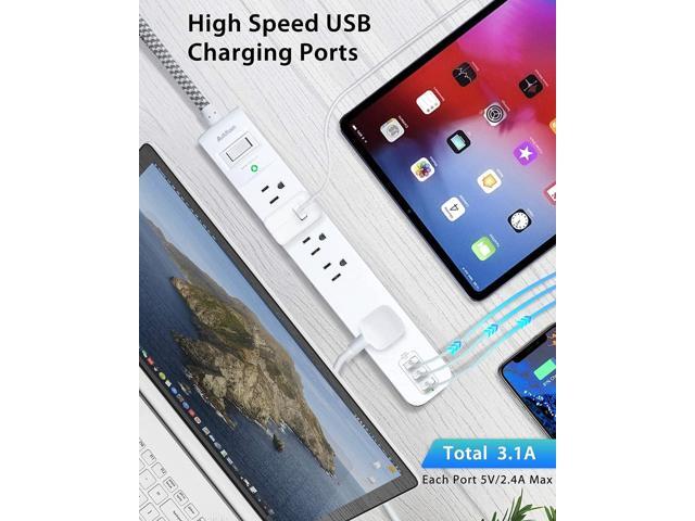 2 Pack Power Strip Surge Protector - 5 Widely Spaced Outlets 3 USB Charging Ports, 1875W/15A with 5Ft Braided Extension Cord, Flat Plug, Overload...