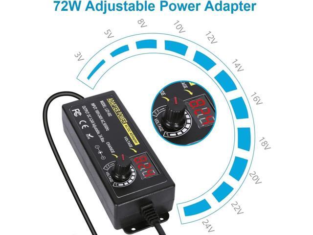 72W Power Supply Adjustable DC 3V ~ 24V Variable Universal Switching AC/DC Adapter 100V-240V AC to DC Converter with LED Voltage Display and 14...