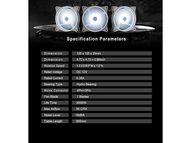 120mm Computer PC Cooling Fan White LED Game Case Cooler Fan Quiet 12V Computer PC Fan with Triple Light Loop 3-Pack