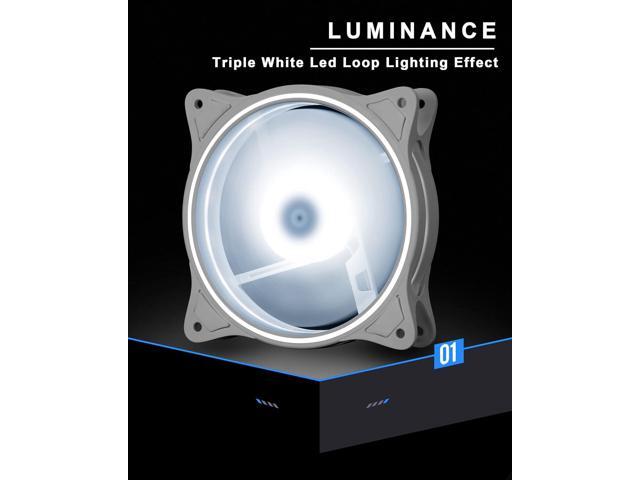 120mm Computer PC Cooling Fan White LED Game Case Cooler Fan Quiet 12V Computer PC Fan with Triple Light Loop 3-Pack