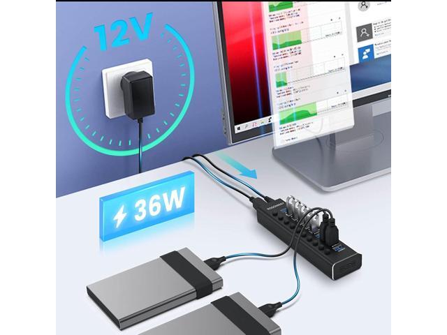 Powered USB Hub, Rosonway Aluminum 10 Port USB 3.0 Data Hub with 36W (12V/3A) Power Adapter and Individual On/Off Switches USB Splitter(RSH-A10)