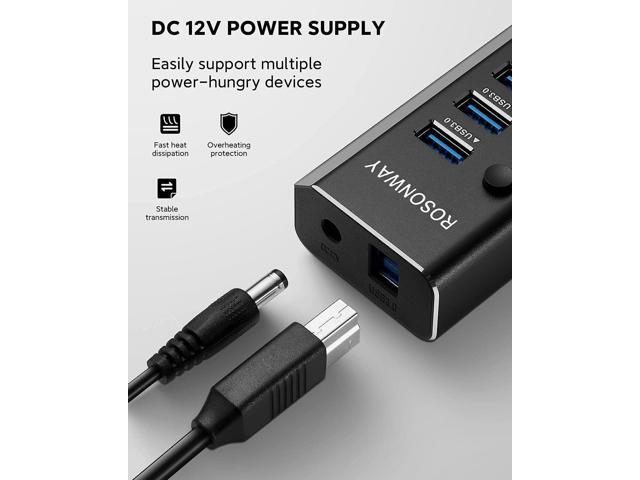 USB Hub 3.0 Powered Rosonway Aluminum 7 Ports USB 3.0 Data Hub Splitter with 24W (12V/2A) Power Adapter and Individual On/Off Switches USB Port...