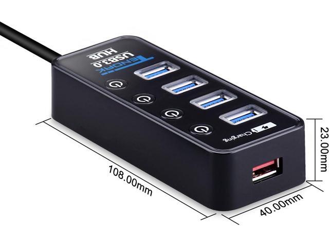 USB 3.0 Hub, Tendak USB Hub with 4 USB 3.0 Data Ports + 1 USB Smart Charging Port and Power Supply Adapter with Individual On/Off Port Switches for...