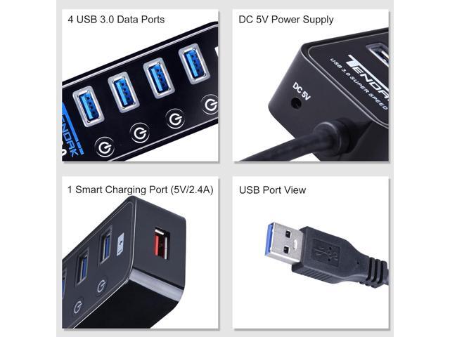 USB 3.0 Hub, Tendak USB Hub with 4 USB 3.0 Data Ports + 1 USB Smart Charging Port and Power Supply Adapter with Individual On/Off Port Switches for...