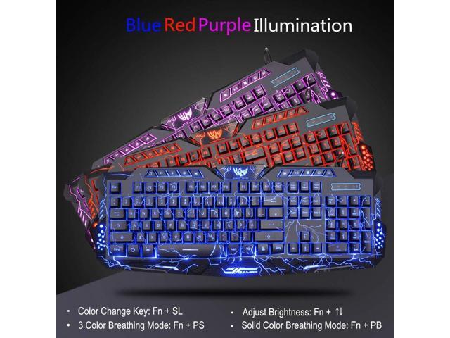 BlueFinger Backlit Gaming Keyboard, Mouse and LED Headset Combo - USB Wired 3 Color Crack Backlit, Blue LED Light Headset - Set for Work and Game