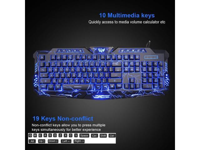 BlueFinger Backlit Gaming Keyboard, Mouse and LED Headset Combo - USB Wired 3 Color Crack Backlit, Blue LED Light Headset - Set for Work and Game