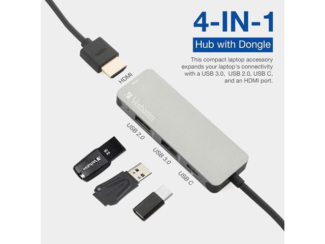 Verbatim 4-in-1 USB C Hub Adapter with Dongle - 60W Power Delivery, USB 3.0, USB 2.0 for USB C Laptops