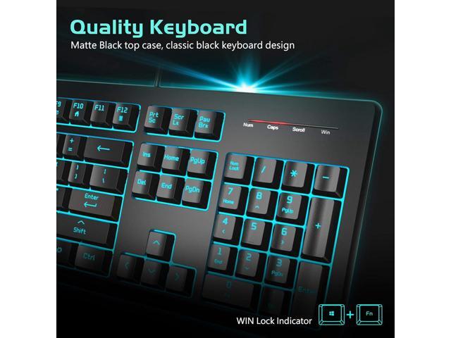 Light Up Quiet Gaming Keyboard - Membrane Silent Wired Keyboard with Low Profile Lighted Key for Computer, Windows PC Gamer - Full Size, Black