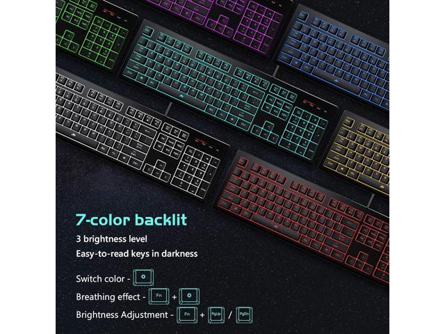 Light Up Quiet Gaming Keyboard - Membrane Silent Wired Keyboard with Low Profile Lighted Key for Computer, Windows PC Gamer - Full Size, Black