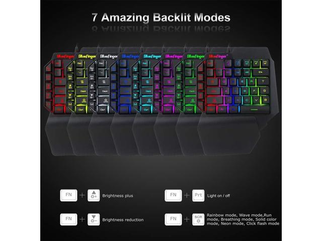 One Hand RGB Gaming Keyboard and Backlit Mouse Combo, USB Wired Rainbow Letters Glow Single Hand Mechanical Feeling With Wrist Rest Support, Gaming...