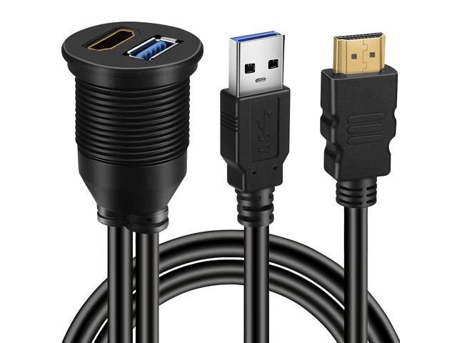 BATIGE USB 3.0 & HDMI to HDMI + USB3.0 AUX Extension Dash Panel Waterproof Car Flush Mount Cable for Car Boat and Motorcycle - 3ft