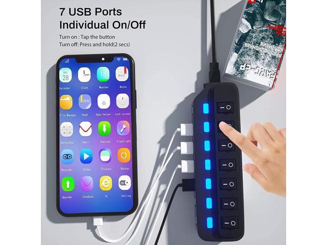 USB Hub 3.0 Splitter,7 Port USB Data Hub with Individual On/Off Switches and Lights for Laptop, PC, Computer, Mobile HDD, Flash Drive and More