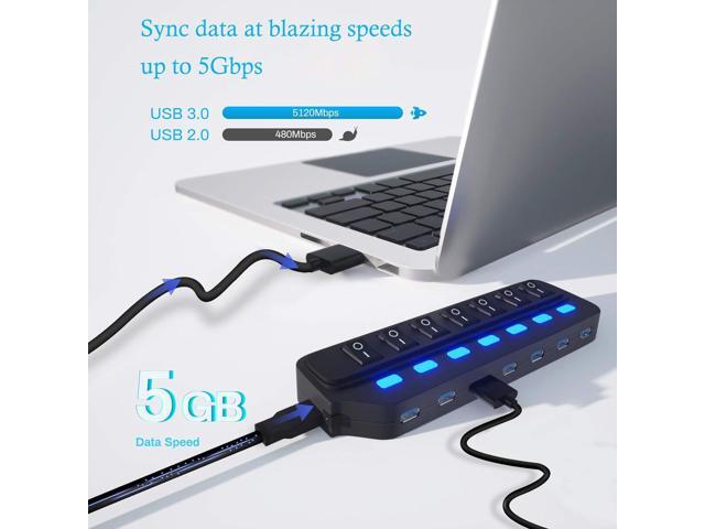 USB Hub 3.0 Splitter,7 Port USB Data Hub with Individual On/Off Switches and Lights for Laptop, PC, Computer, Mobile HDD, Flash Drive and More