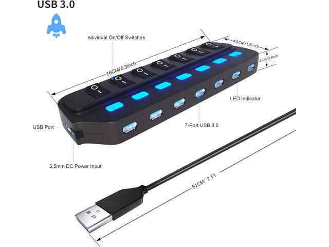 USB Hub 3.0 Splitter,7 Port USB Data Hub with Individual On/Off Switches and Lights for Laptop, PC, Computer, Mobile HDD, Flash Drive and More