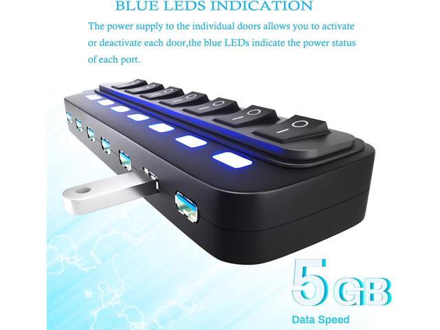 USB Hub 3.0, 7 Port USB Hub Splitter with Individual On/Off LED Switches, 5Gbps HighSpeed Data USB Extension for Laptop, iMac, USB Flash Drives,...