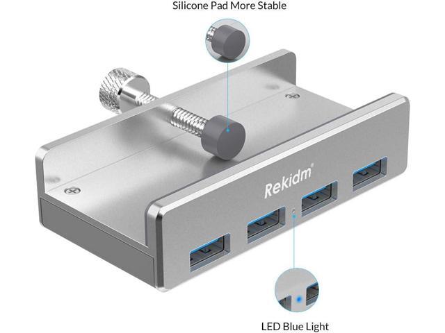 USB Hub 3.0 - Rekidm 4 Port Aluminum Desk USB Hub 3.0 Clamp Design for Desktop, Computer, PC, Table Edge with Durable Adjustable Clip, Space-saving...
