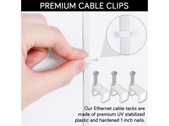 Cable Clips - CableGeeker 100 Pieces Ethernet Cable Clips with Nails 8mm Cord Holder for Cat6 Cat7 Flat Ethernet Cable (White)