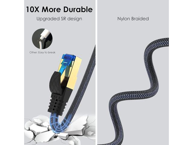 Cat 8 Ethernet Cable 10ft, Outdoor, Indoor Nylon Braided Cat 8 Cable, Heavy Duty 26AWG 40Gbps, 2000MHz, S/FTP Patch Cord for Xbox, POE, PS5, Router