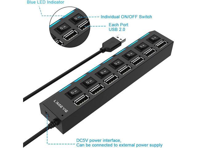 Multi Port Splitter, 7 Port USB 2.0 Hub, USB A Port Data Hub with Independent On/Off Switch and LED Indicators, Lights for Laptop, PC, Computer,...