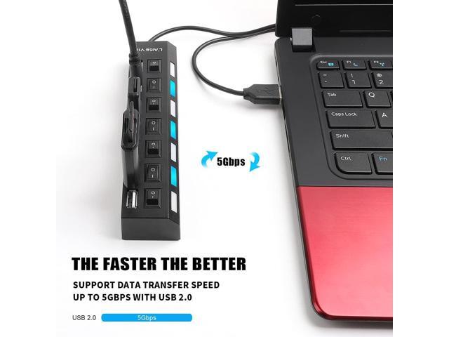 Multi Port USB Splitter, 7 Port USB 2.0 Hub, USB A Port Data Hub with Independent On/Off Switch and LED Indicators, Lights for Laptop, PC,...