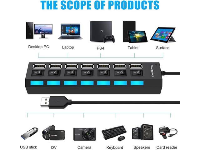 Multi Port Splitter, 7 Port USB 2.0 Hub, USB A Port Data Hub with Independent On/Off Switch and LED Indicators, Lights for Laptop, PC, Computer,...
