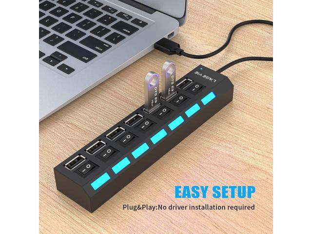 Multi Port Splitter, 7 Port USB 2.0 Hub, USB A Port Data Hub with Independent On/Off Switch and LED Indicators, Lights for Laptop, PC, Computer,...