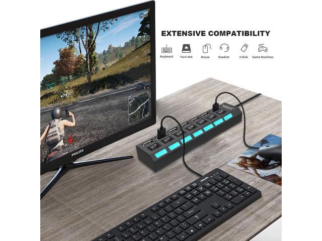 Multi Port USB Hub Splitter, 7-Port USB 2.0 Hub for Laptop, USB Port Expander with On/Off Individual Switch Compatible for All USB Device