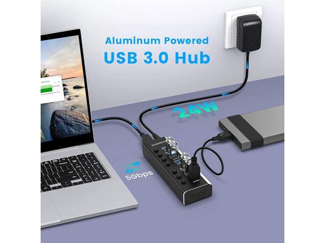 USB Hub 3.0 Powered Rosonway Aluminum 7 Ports USB 3.0 Data Hub Splitter with 24W (12V/2A) Power Adapter and Individual On/Off Switches USB Port...