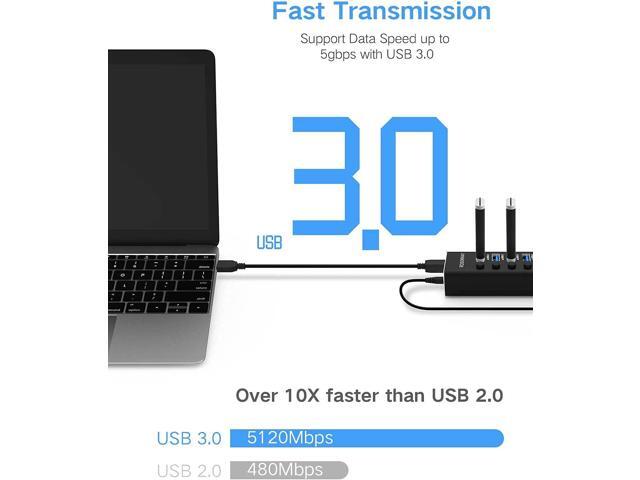 USB Hub 3.0 Powered Rosonway Aluminum 7 Ports USB 3.0 Data Hub Splitter with 24W (12V/2A) Power Adapter and Individual On/Off Switches USB Port...
