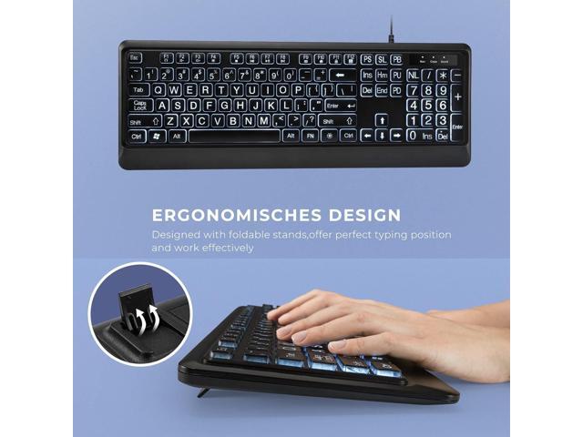 Large Print Backlit Keyboard, Quiet USB Wired Computer Keyboard, Full Size Keyboard with White Illuminated LED Compatible for Windows Desktop,...