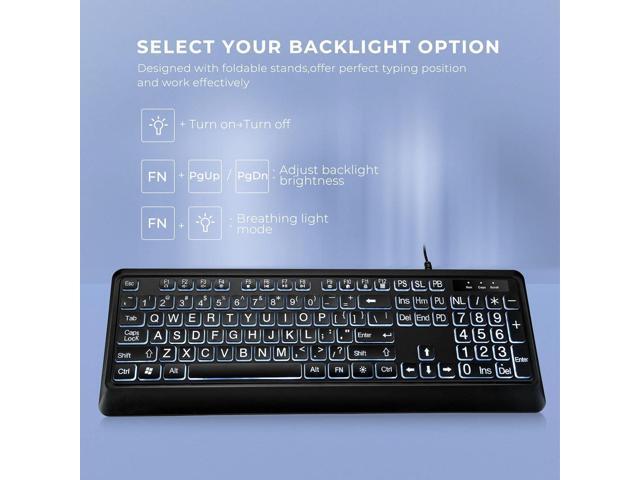 Large Print Backlit Keyboard, Quiet USB Wired Computer Keyboard, Full Size Keyboard with White Illuminated LED Compatible for Windows Desktop,...