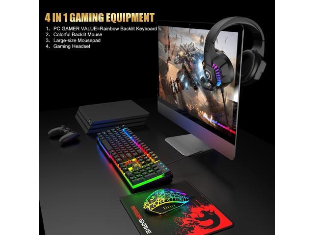 Wired Gaming Keyboard and Mouse Headset Combo,Rainbow LED Backlit Wired Keyboard,Over Ear Headphone with Mic,Rainbow Backlit Gaming Mice,Mouse...