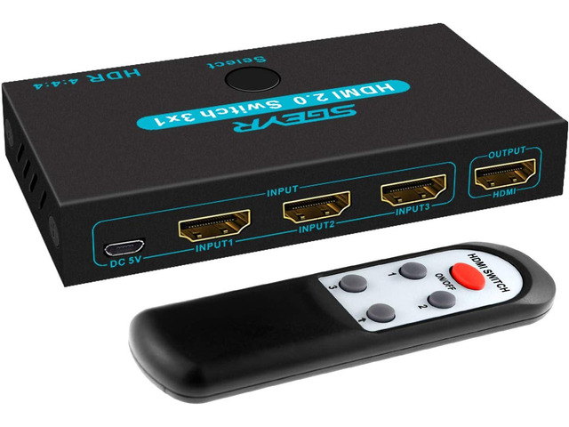 SGEYR HDMI 2.0 Switch Splitter 3 Port 4K HDMI Switcher 3 in 1 Out HDMI Switches Selector Box with IR Remote IR Remote Control Support HDCP 2.2...