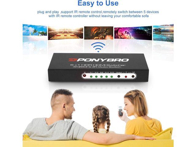 (Newest Version) PONYBRO UHD 4K 60Hz HDMI 2.0 Switch 5 in 1 with Remote, Support Auto-Switching,High Speed-18Gbps,HDR 10,HDCP2.2,Full 3D,1080P,...