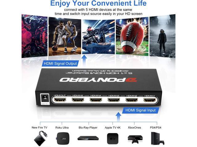 (Newest Version) PONYBRO UHD 4K 60Hz HDMI 2.0 Switch 5 in 1 with Remote, Support Auto-Switching,High Speed-18Gbps,HDR 10,HDCP2.2,Full 3D,1080P,...