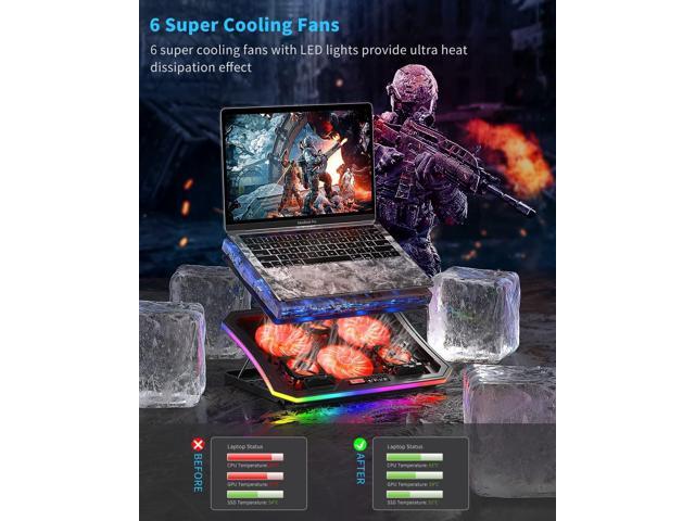 Laptop Cooling Pad, KeiBn RGB Lights Laptop Cooler 6 Fans for 15.6-17.3 Inch Laptops, 7 Height Stands, 10 Modes Light, 2 USB Ports, Desk or Lap Use...